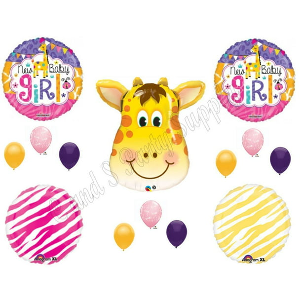 7 pc New Baby Girl Giraffe Animal Balloon Bouquet Baby Shower Welcome Home Its a